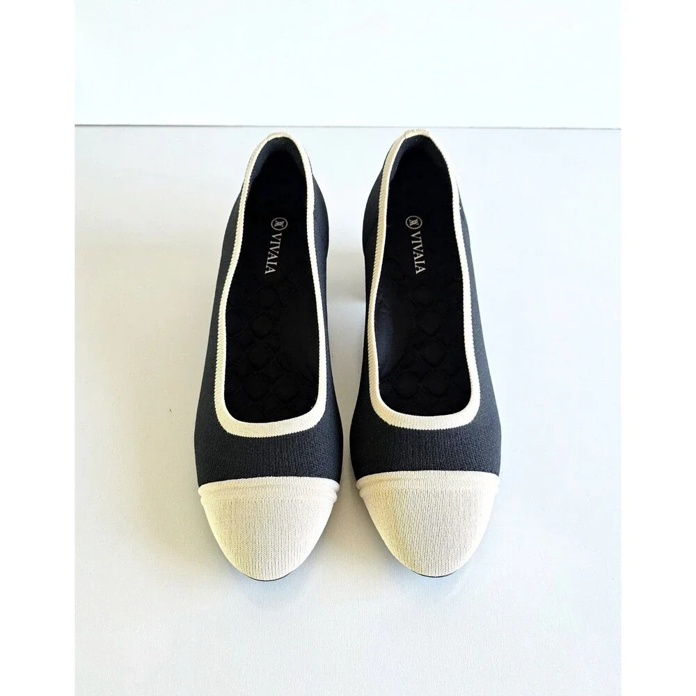 VIVAIA Julie Arch Pro Almond Toe Chunky Heels Black Ivory 40.5 9 9.5 Knit Pumps